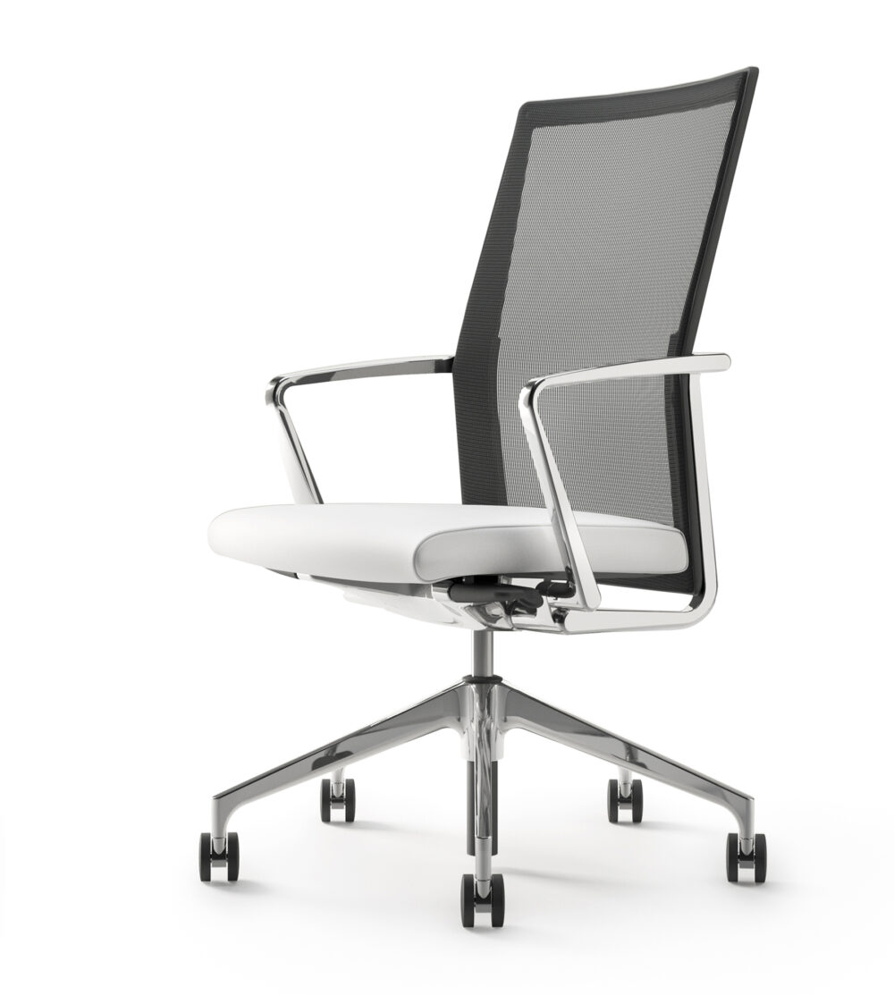 The ultra modern Chrome Polished Mesh White Leather Chair is a must for boardroom tables and stone top tables
