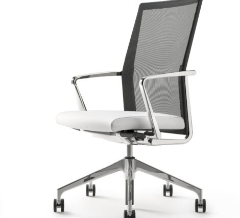 The ultra modern Chrome Polished Mesh White Leather Chair is a must for boardroom tables and stone top tables