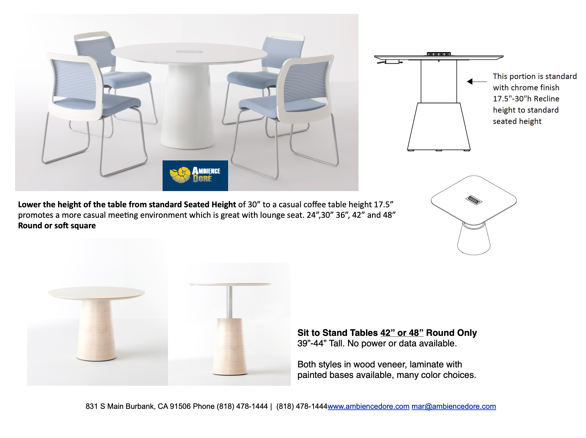 Modern height adjustable meeting tables for low to standing height comfort