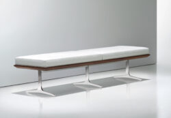 Long White Steel Bench in leather with wood and steel legs