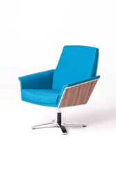 contemporary bucket wood backed blue swivel chair