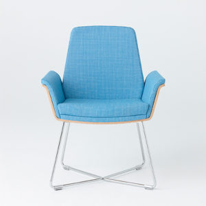 Blue retro modern wood backed side chair on chrome frame
