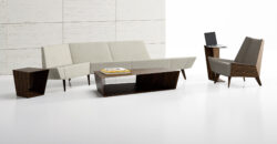 modern angular wood tables with sofa and club chair