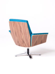 wood backed retro modern blue bucket swivel chair