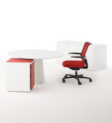 white round table red chair