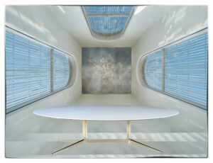 Stunning custom built Oval Glass Modern Table features a satin glass top with metal base in many finish options