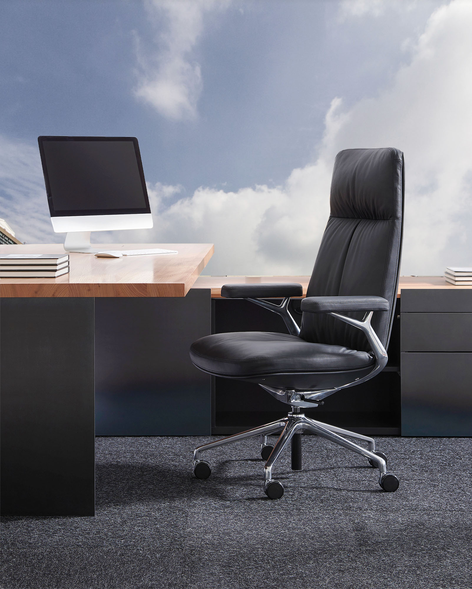 Ultra Posh Executive Platinum Chair Black Leather with aluminum base for desks and conference and home offices