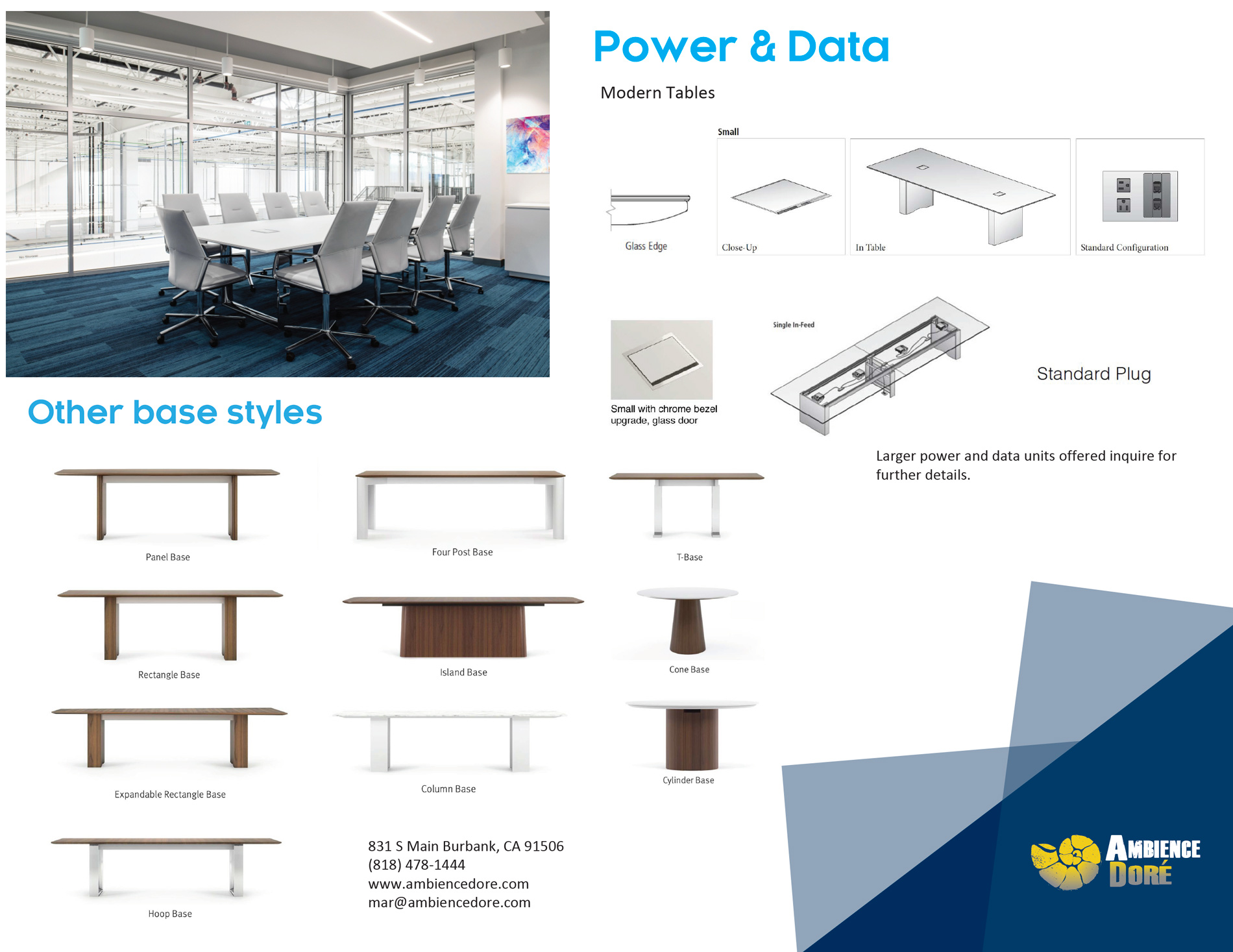 Modern Table Base Options for glass conference room and board room tables