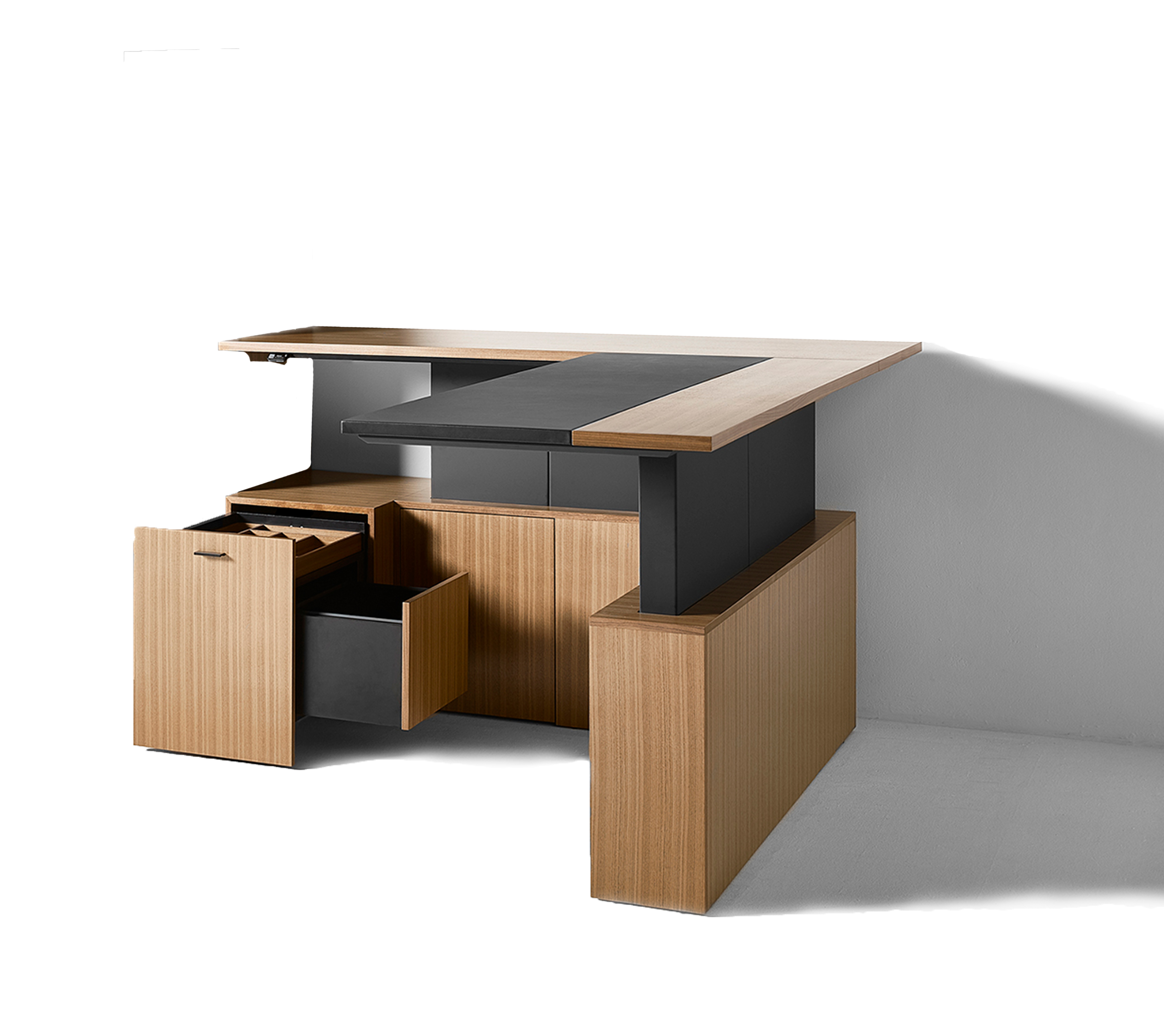 L Shaped Solo Sleek Desk is a modern executive level desk for high end office furniture or residential installs