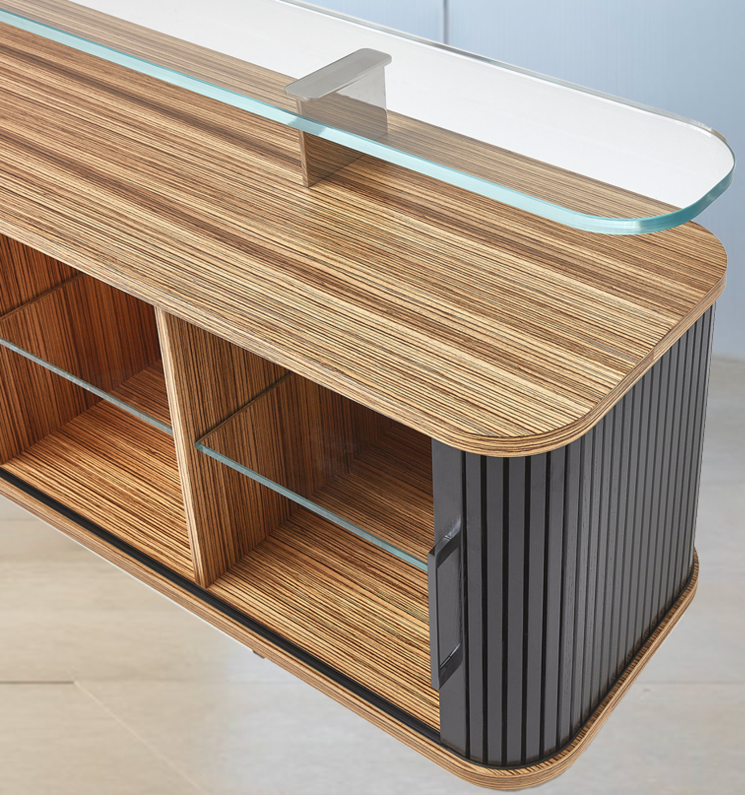 Lux Modern Credenza detail features glass, metal wood and chrome