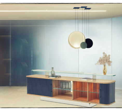 Lux Modern Credenza is a new retro design with tambour doors glass, wood and lights for executive offices