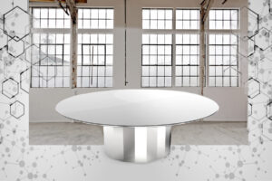 Luxury Round Glass Modern Table with stainless steel faceted round base for offices and residential