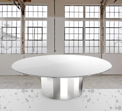 Luxury Round Glass Modern Table with stainless steel faceted round base for offices and residential