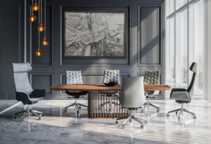 the ultra executive chair is a modern luxury conference room and desk chair shown in grey leather with a highly unique head rest feature that makes the design stand out